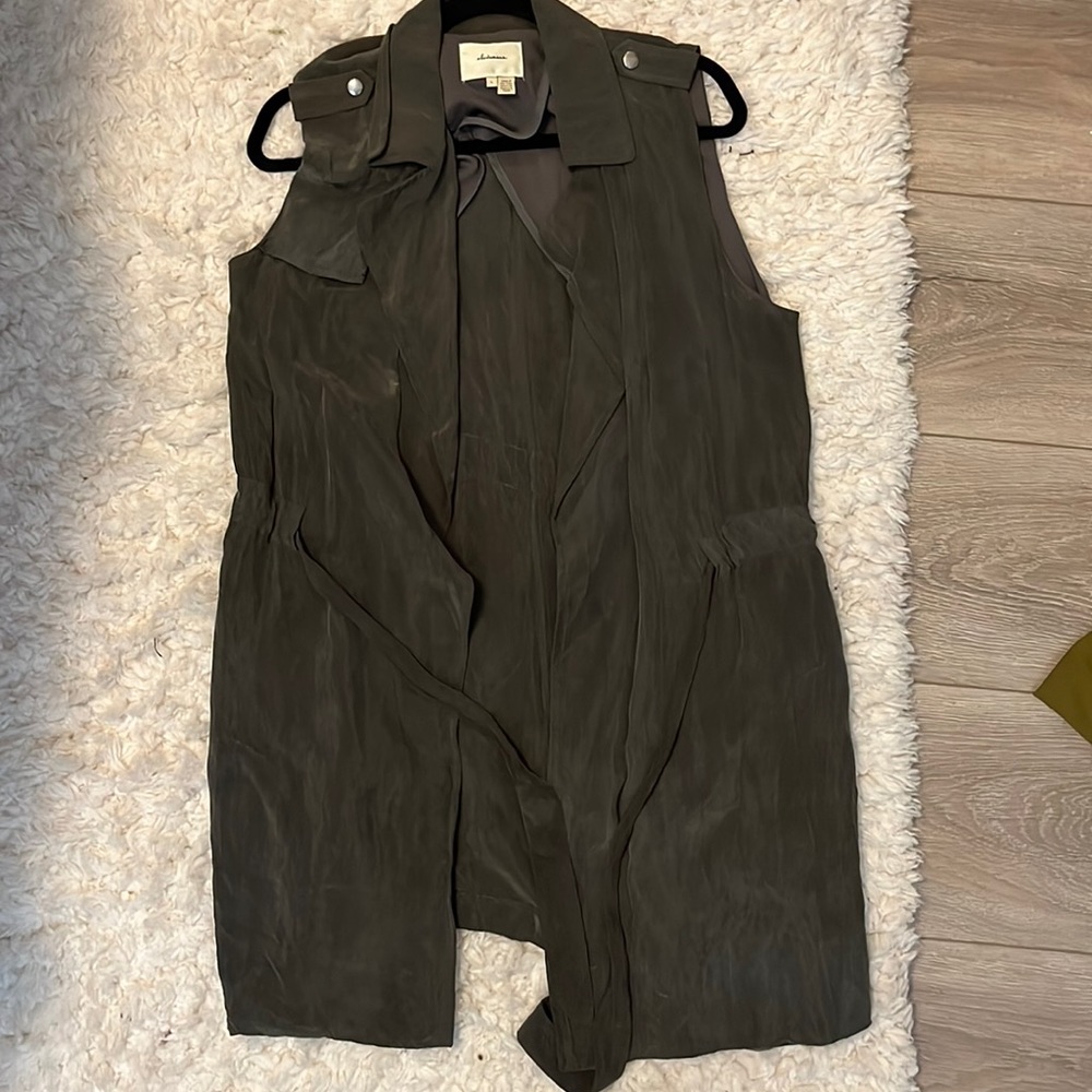 ELEVENSES Anthro L Mini Drape Wrap Long Vest Dark Sage Relaxed Fit
